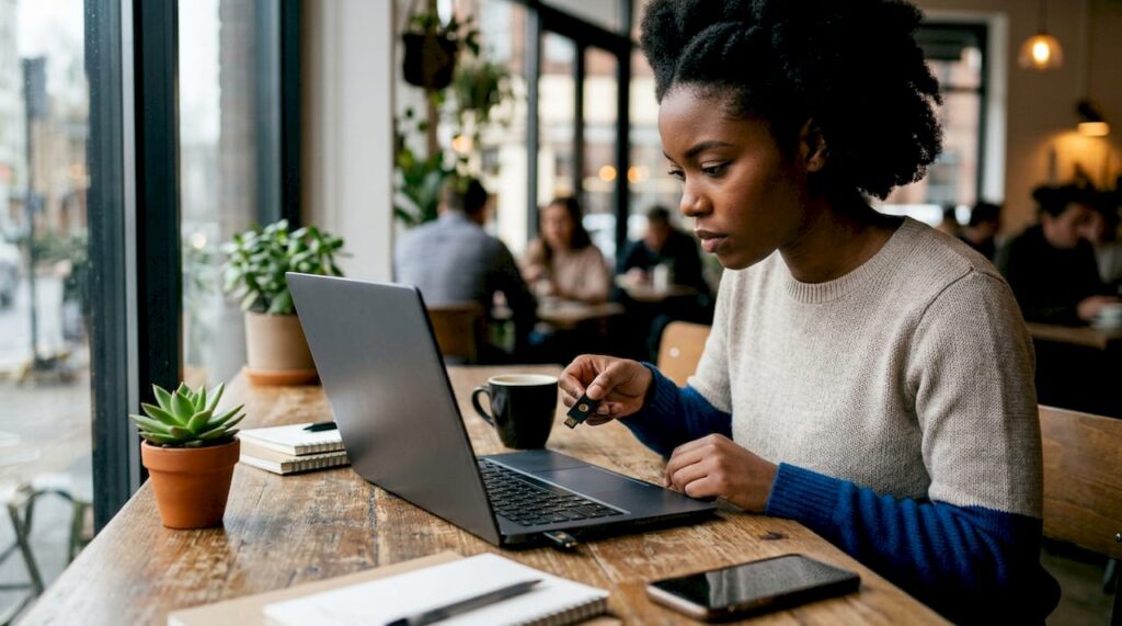 Content creator using hardware security key at desk