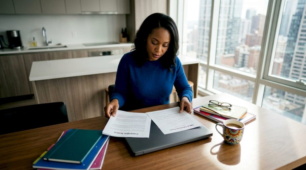 Woman preparing Google copyright removal documents