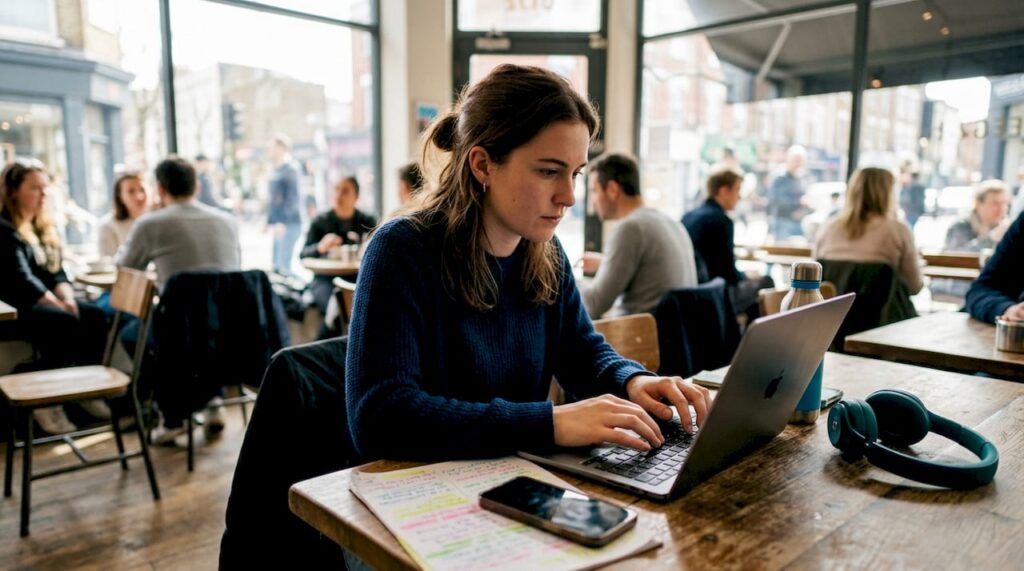 Influencer typing email in home studio