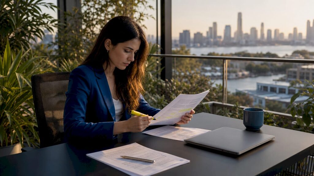 Person reviewing DMCA takedown documents at home desk