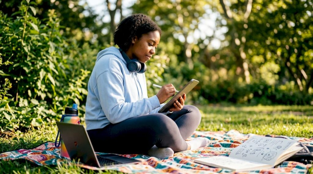 Woman using tablet outdoors reviewing content