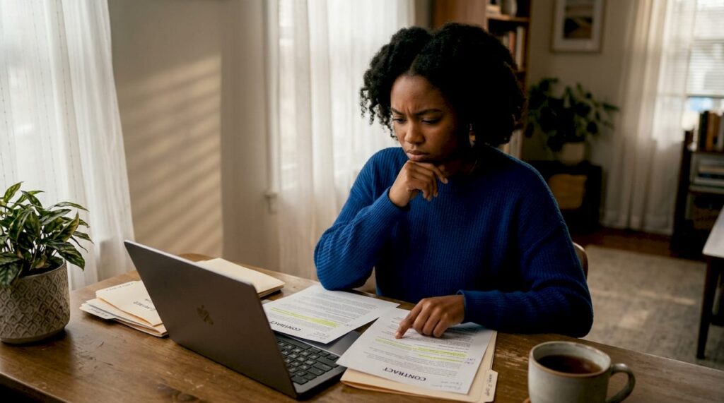 Creator reviewing brand deal documents at home
