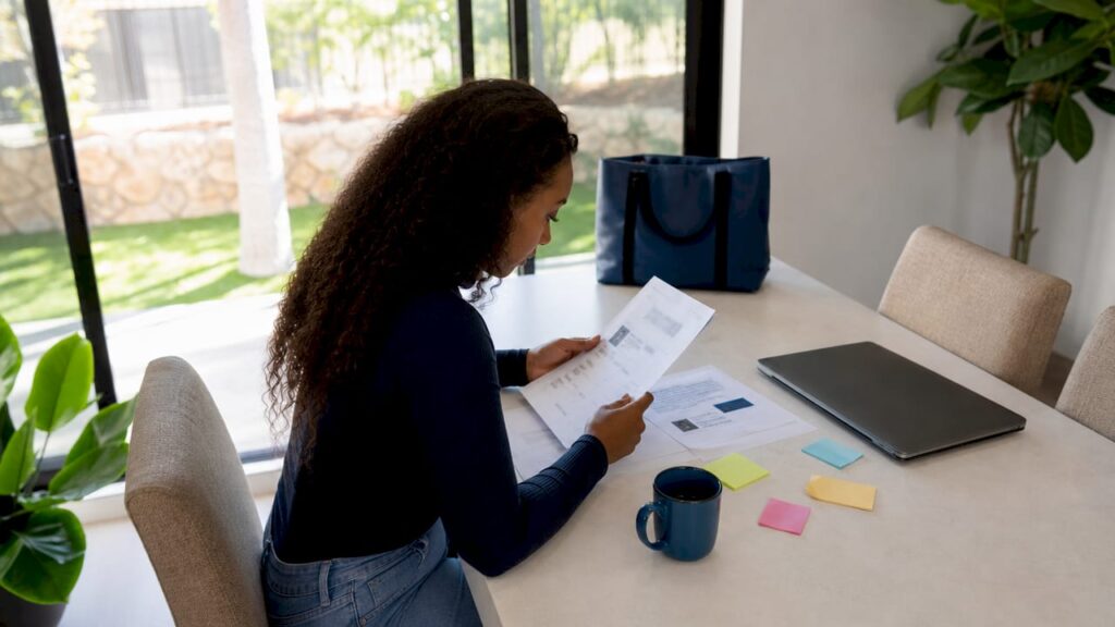 Woman reviewing digital identity documents at desk