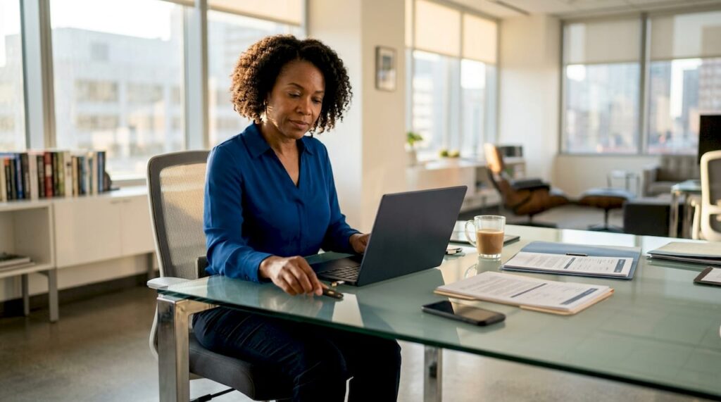 Woman managing digital security at home office