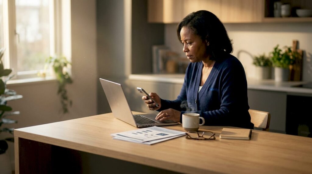 Woman checking dark web alerts at home desk