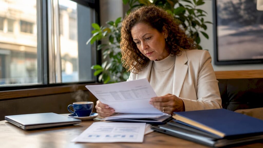 Woman reviewing financial documents at home office