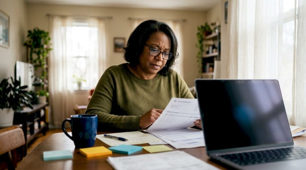 Woman reviewing bank statements at home