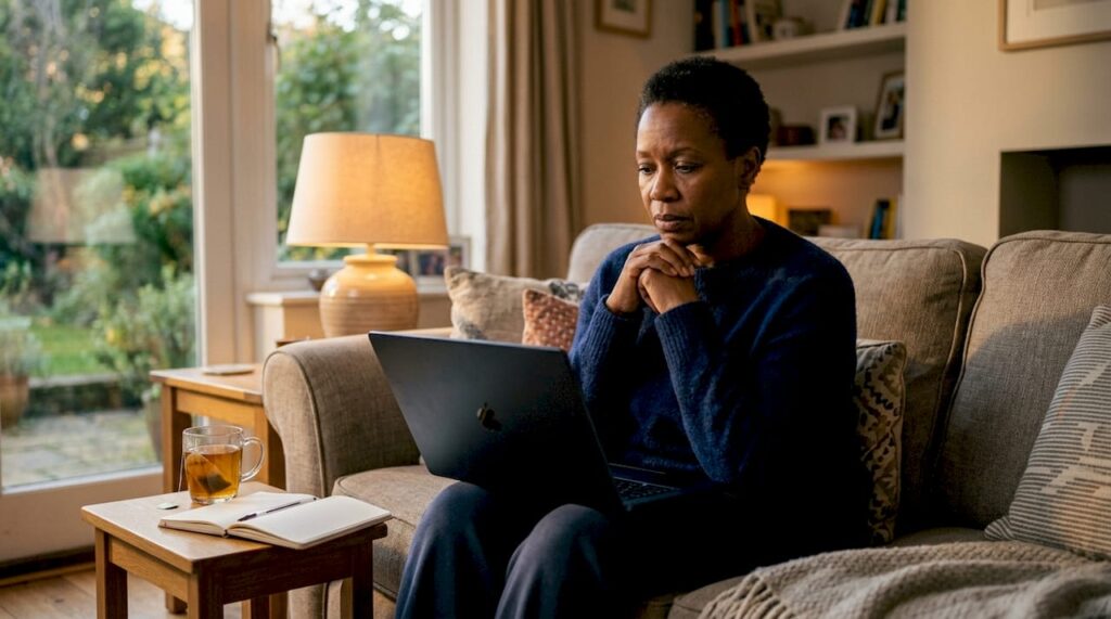 Woman at kitchen table reflecting worriedly