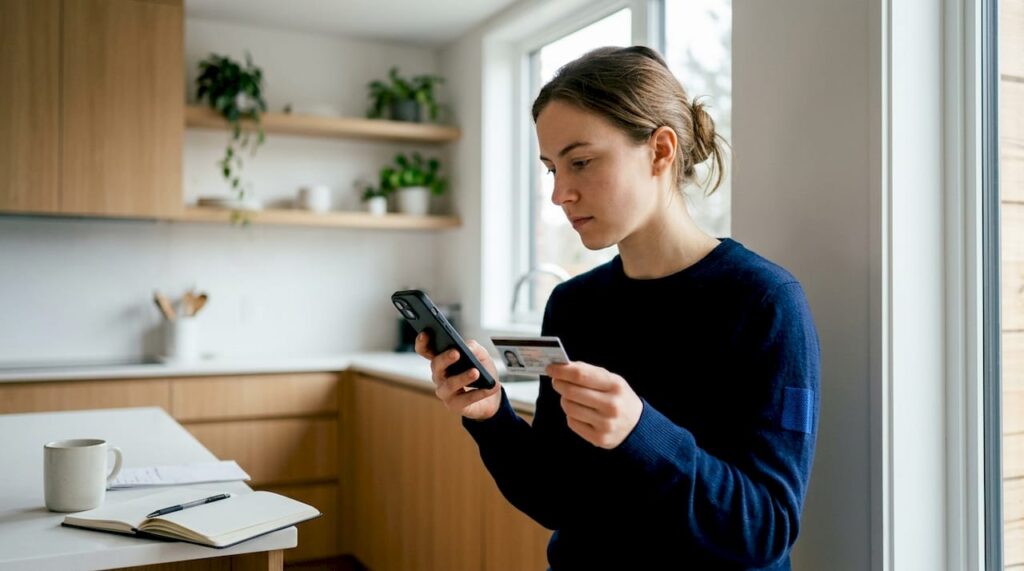 Woman verifying identity using phone and ID card