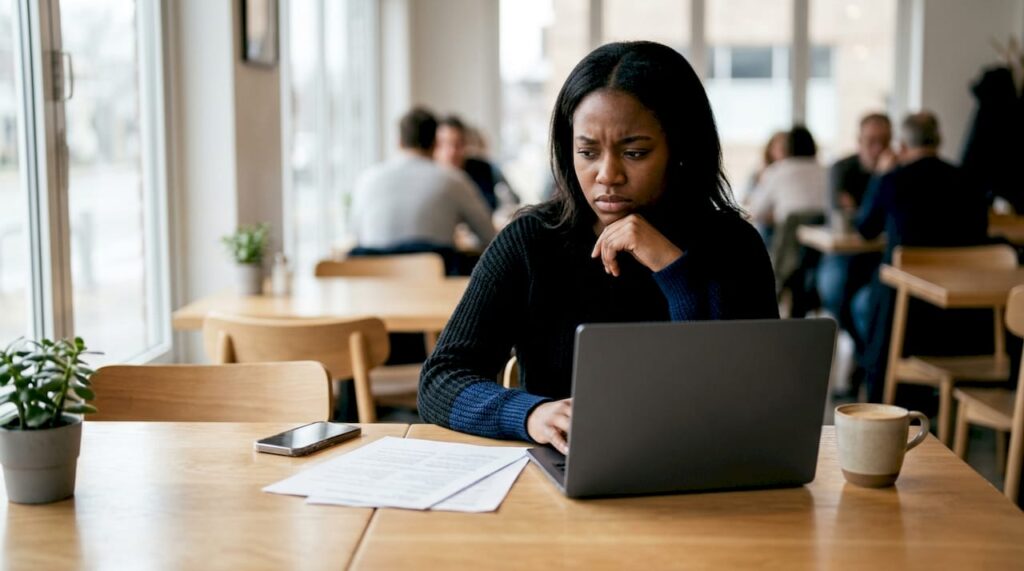 Woman concerned at laptop in apartment