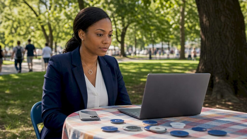 Cybersecurity professional building personal brand in café
