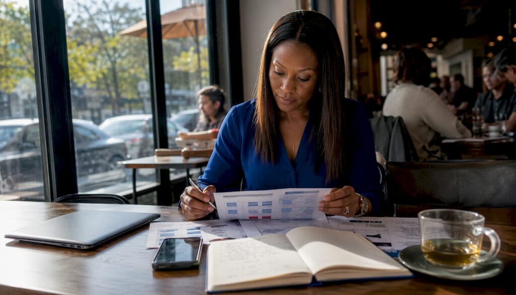 Woman reviewing IP platform comparison documents