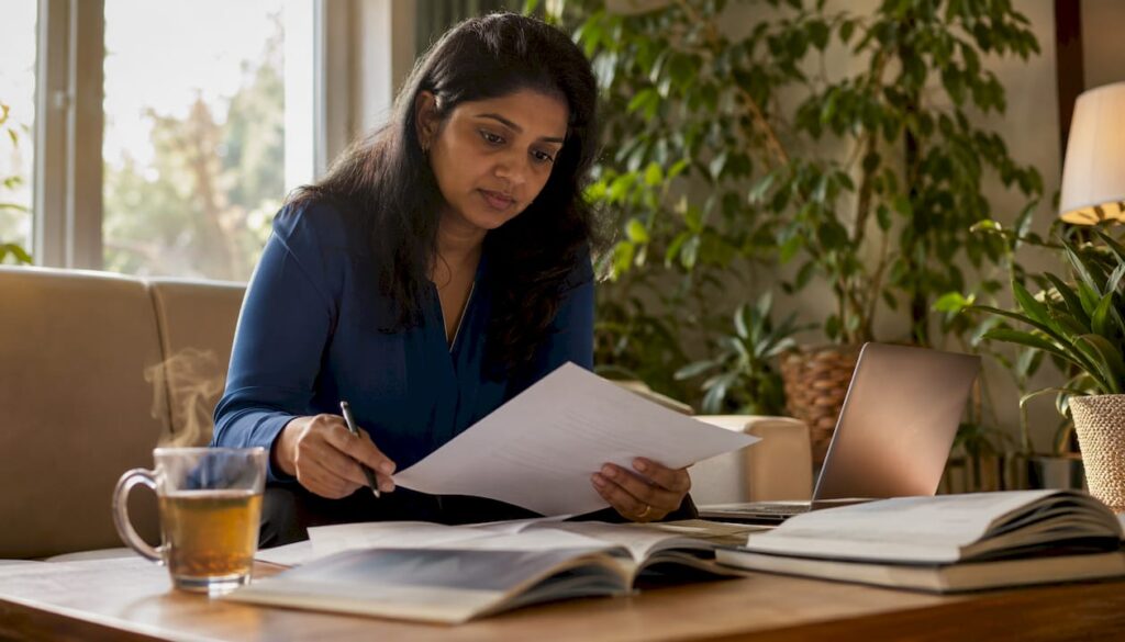 Woman reviewing identity theft documents at home office
