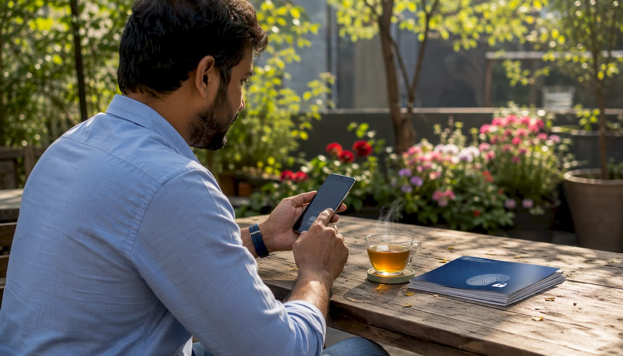 Hands using smartphone security app in café