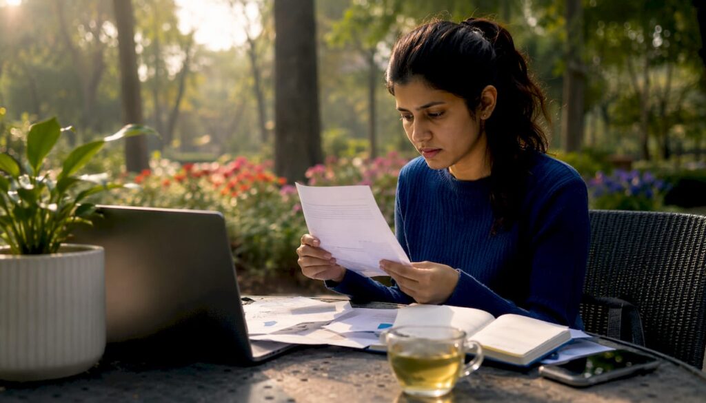 Woman examining printed evidence at home
